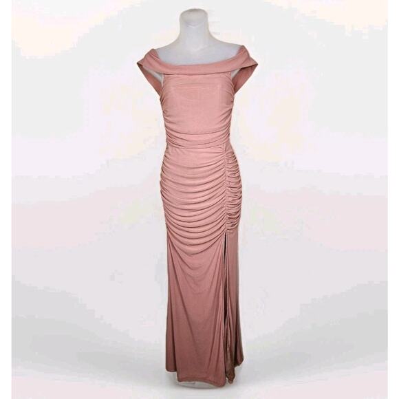 Lulus Revel Romance Formal Dress Size S Off Shoulder Rose Long Maxi Ruched Mesh - Picture 1 of 16